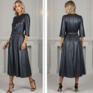 LK BENNETT  London DR Louise Bell Sleeves Gunmetal Lamé Midi Dress Size 8